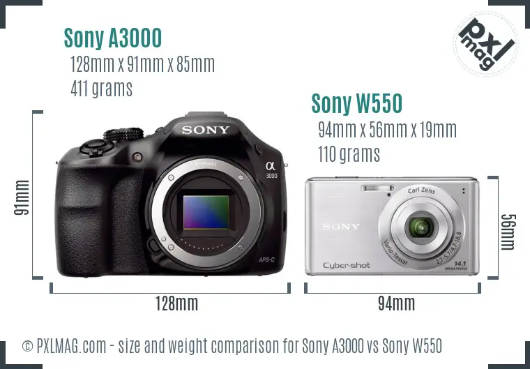 Sony A3000 vs Sony W550 size comparison