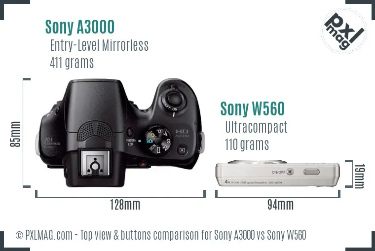 Sony A3000 vs Sony W560 top view buttons comparison