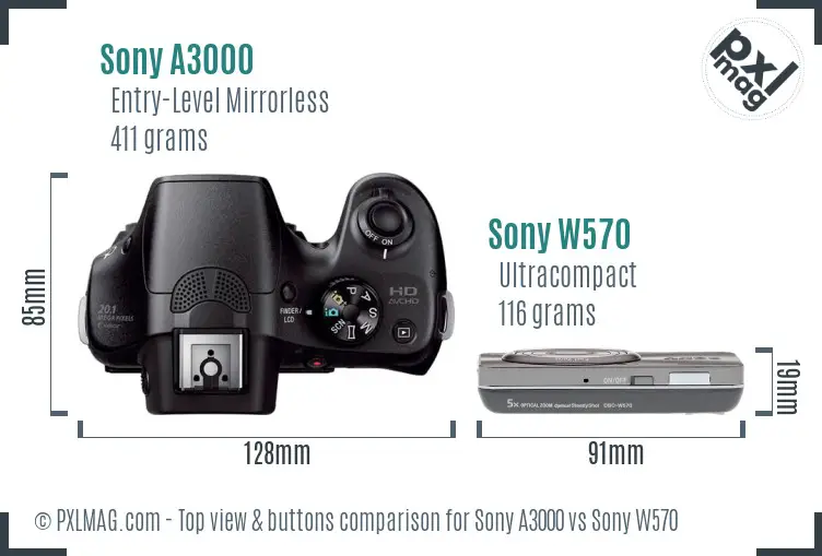 Sony A3000 vs Sony W570 top view buttons comparison