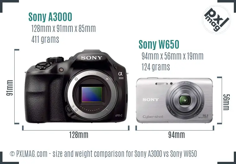 Sony A3000 vs Sony W650 size comparison