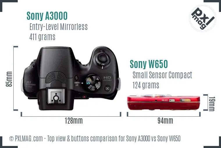 Sony A3000 vs Sony W650 top view buttons comparison