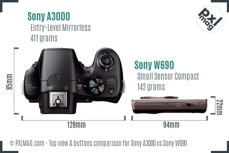 Sony A3000 vs Sony W690 top view buttons comparison