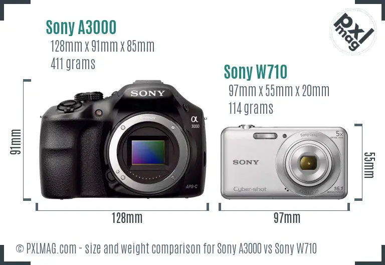 Sony A3000 vs Sony W710 size comparison