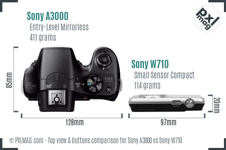 Sony A3000 vs Sony W710 top view buttons comparison