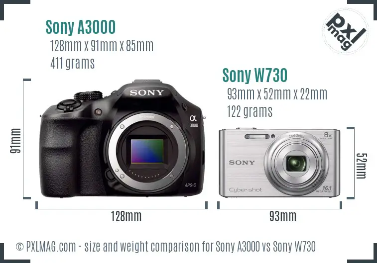 Sony A3000 vs Sony W730 size comparison