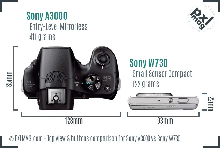 Sony A3000 vs Sony W730 top view buttons comparison