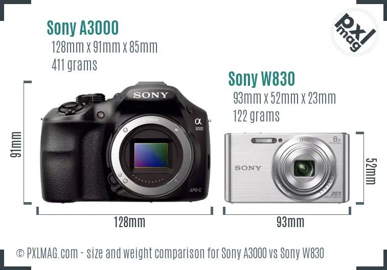 Sony A3000 vs Sony W830 size comparison