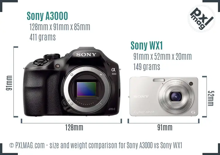 Sony A3000 vs Sony WX1 size comparison