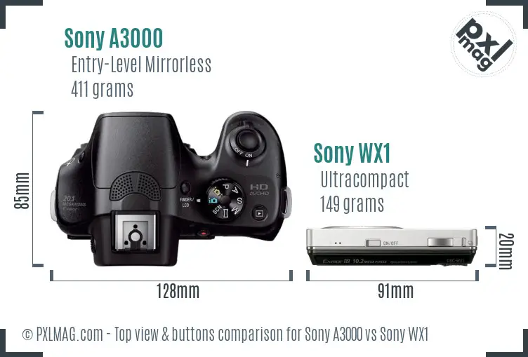 Sony A3000 vs Sony WX1 top view buttons comparison