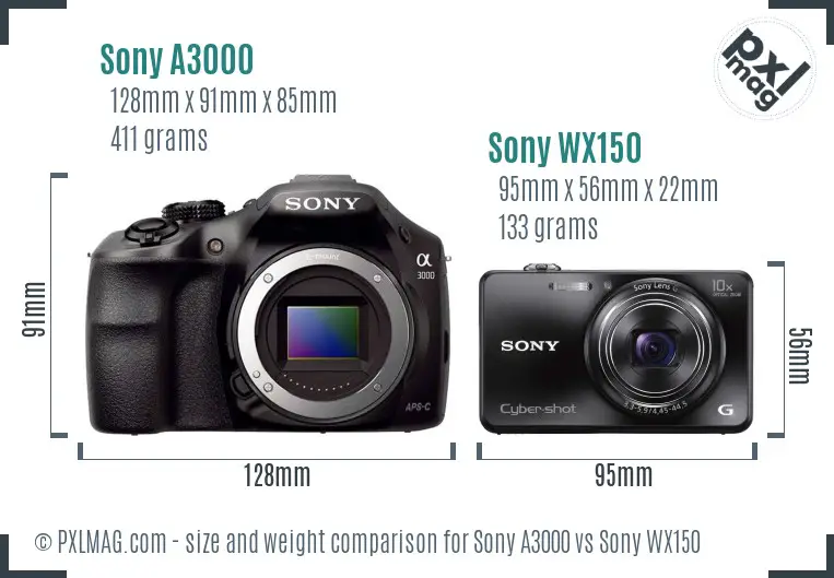 Sony A3000 vs Sony WX150 size comparison