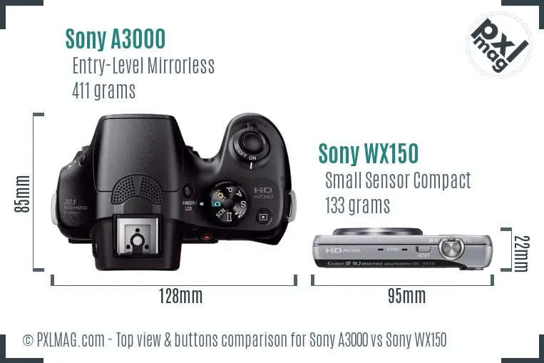 Sony A3000 vs Sony WX150 top view buttons comparison