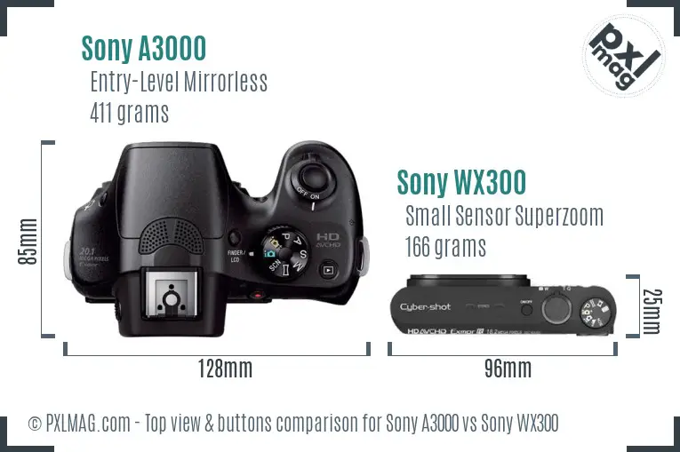 Sony A3000 vs Sony WX300 top view buttons comparison