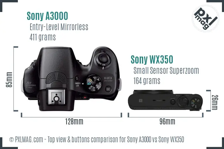 Sony A3000 vs Sony WX350 top view buttons comparison