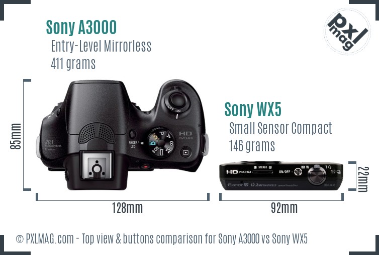 Sony A3000 vs Sony WX5 top view buttons comparison