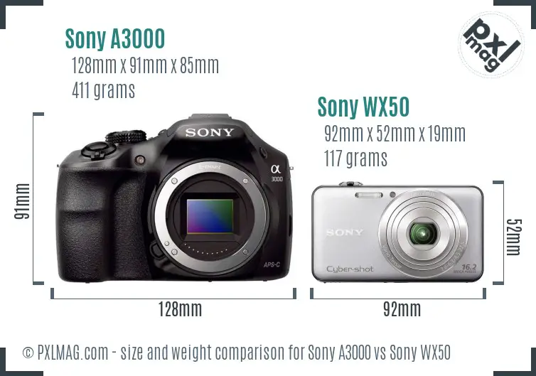 Sony A3000 vs Sony WX50 size comparison