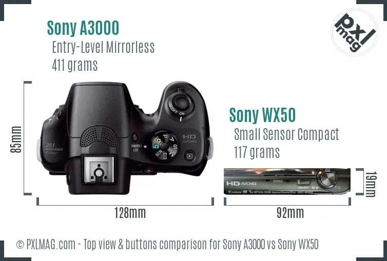 Sony A3000 vs Sony WX50 top view buttons comparison