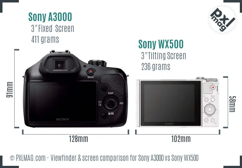 Sony A3000 vs Sony WX500 Screen and Viewfinder comparison