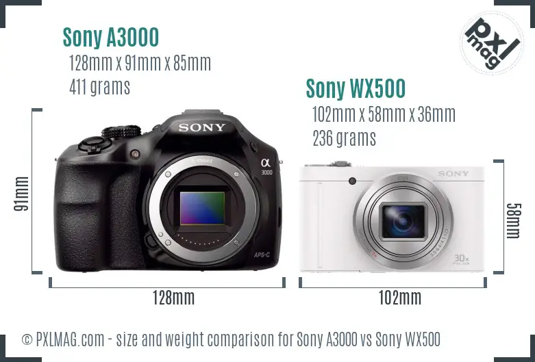Sony A3000 vs Sony WX500 size comparison