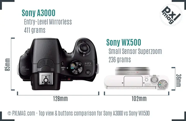 Sony A3000 vs Sony WX500 top view buttons comparison