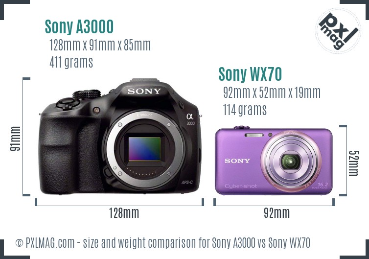 Sony A3000 vs Sony WX70 size comparison