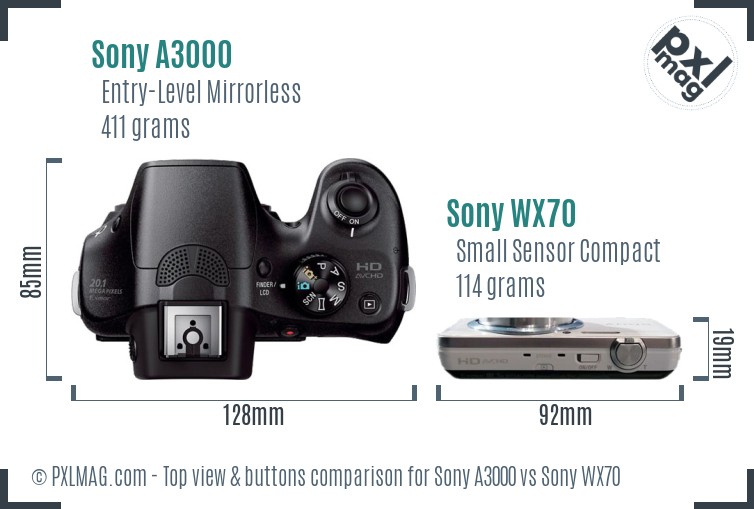 Sony A3000 vs Sony WX70 top view buttons comparison