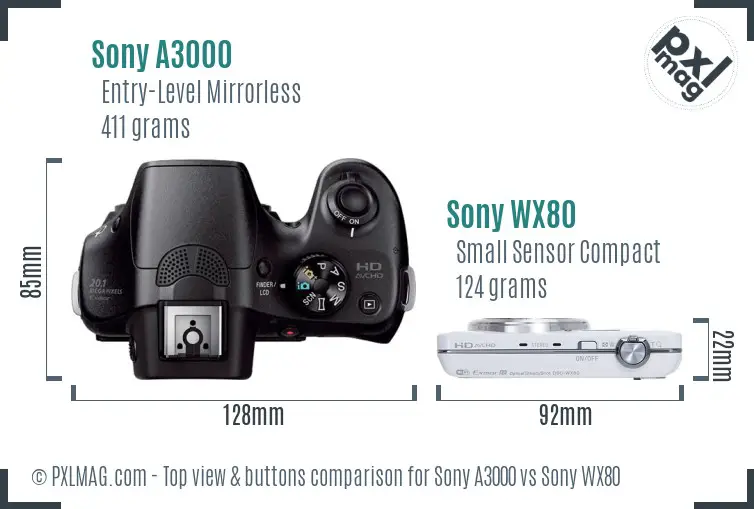 Sony A3000 vs Sony WX80 top view buttons comparison