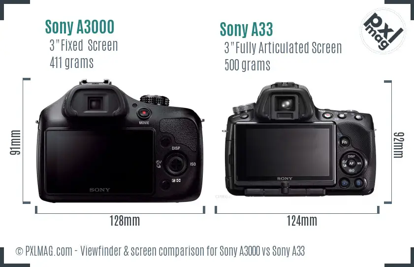 Sony A3000 vs Sony A33 Screen and Viewfinder comparison