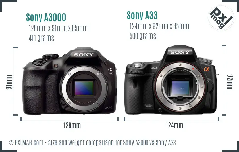 Sony A3000 vs Sony A33 size comparison