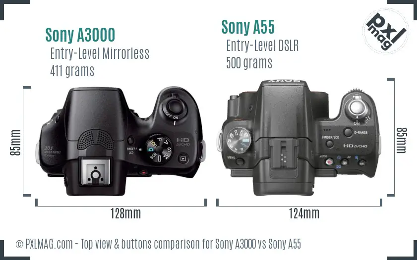 Sony A3000 vs Sony A55 top view buttons comparison