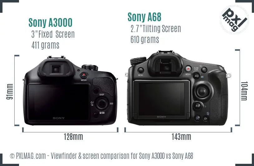 Sony A3000 vs Sony A68 Screen and Viewfinder comparison