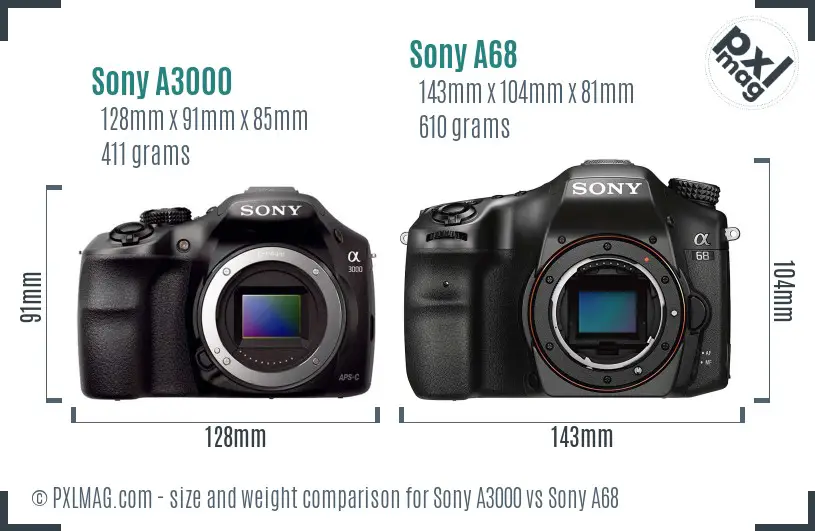 Sony A3000 vs Sony A68 size comparison