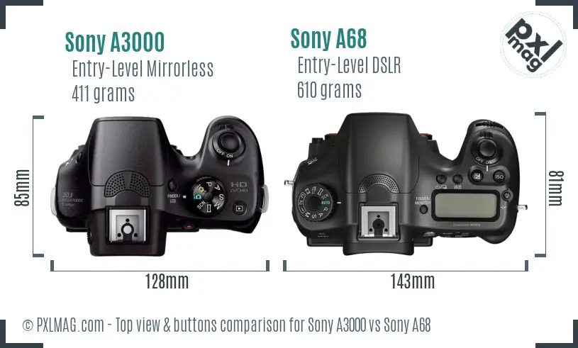 Sony A3000 vs Sony A68 top view buttons comparison