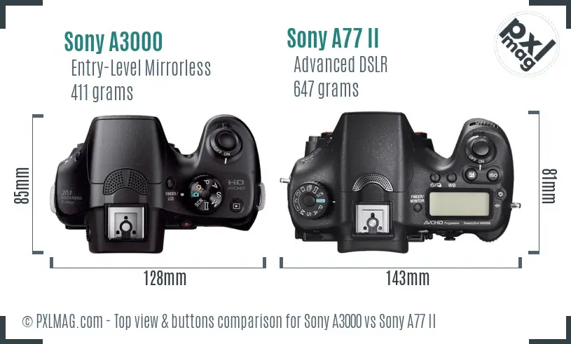 Sony A3000 vs Sony A77 II top view buttons comparison Sony A3000 vs Sony A77 II top view buttons comparison
