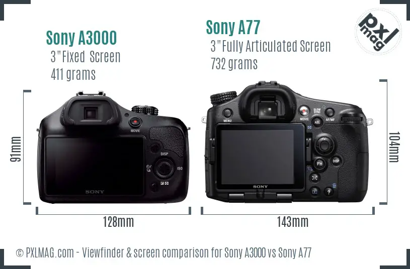 Sony A3000 vs Sony A77 Screen and Viewfinder comparison