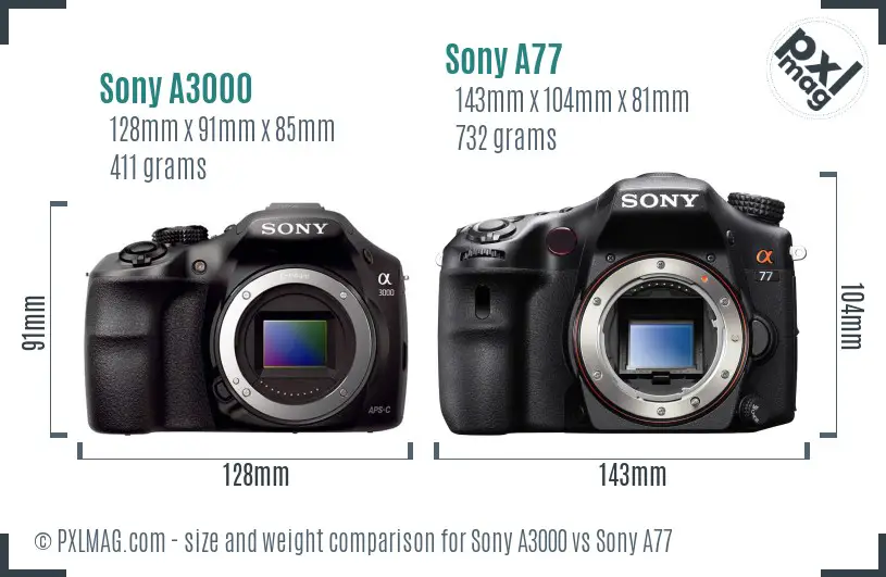 Sony A3000 vs Sony A77 size comparison