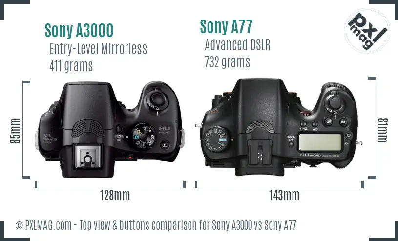 Sony A3000 vs Sony A77 top view buttons comparison