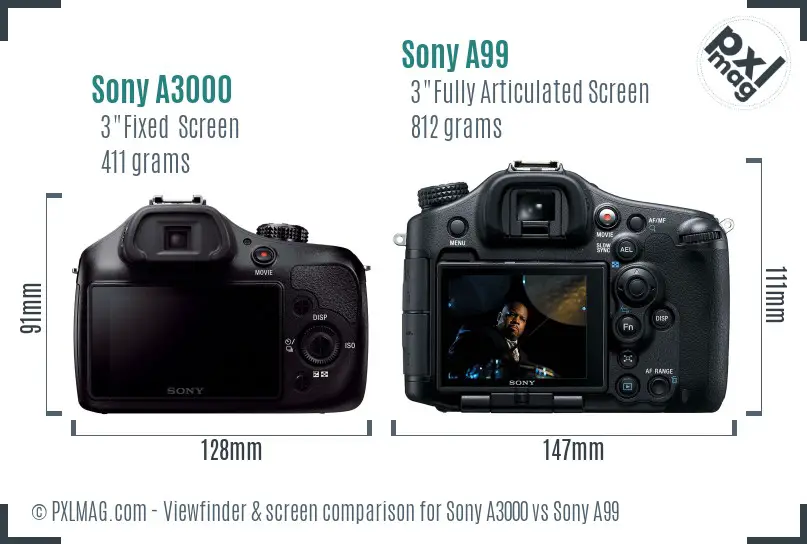 Sony A3000 vs Sony A99 Screen and Viewfinder comparison