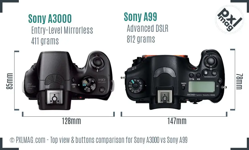 Sony A3000 vs Sony A99 top view buttons comparison