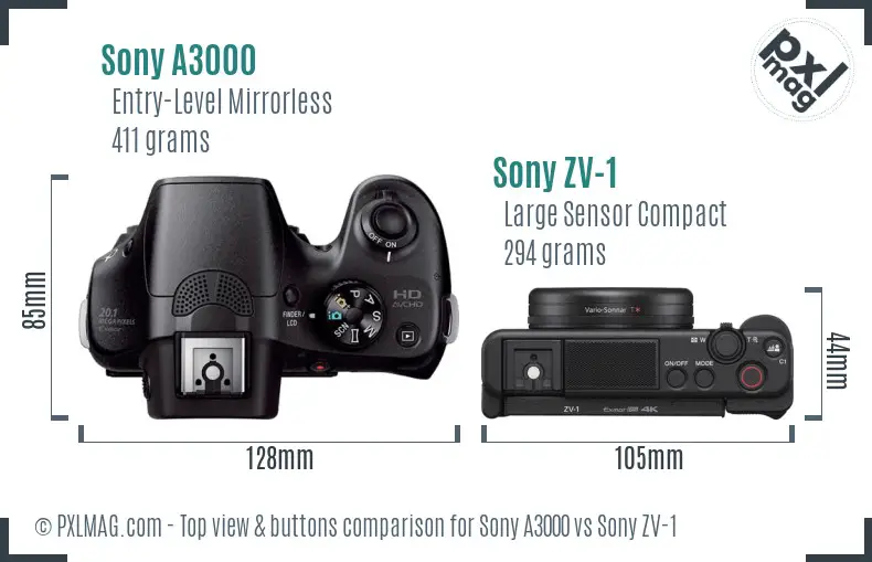 Sony A3000 vs Sony ZV-1 top view buttons comparison