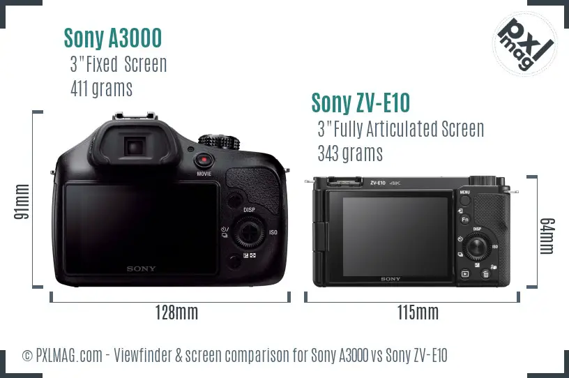 Sony A3000 vs Sony ZV-E10 Screen and Viewfinder comparison