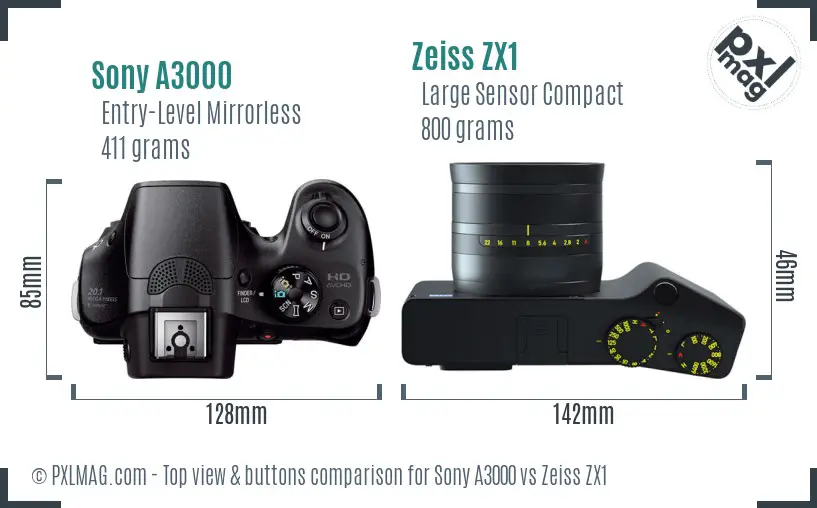 Sony A3000 vs Zeiss ZX1 top view buttons comparison Sony A3000 vs Zeiss ZX1 top view buttons comparison