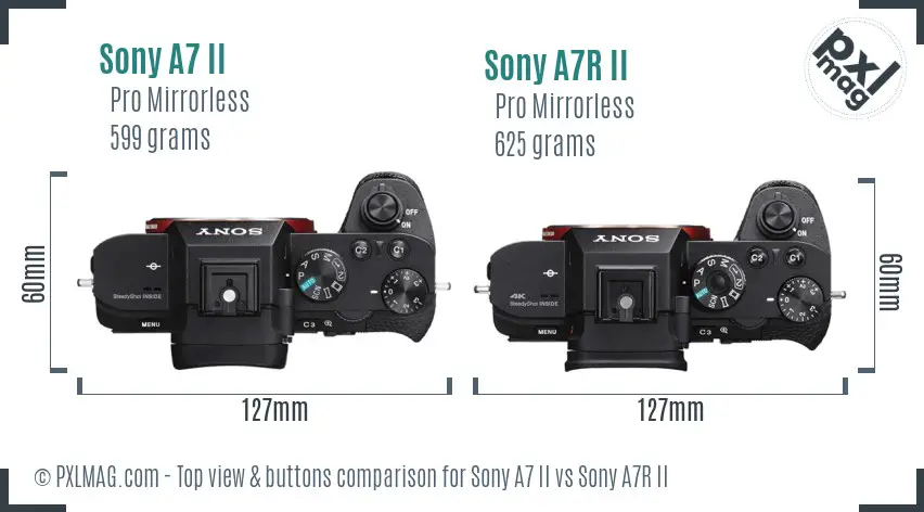 Sony A7 II vs Sony A7R II top view buttons comparison