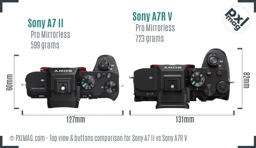 Sony A7 II vs Sony A7R V top view buttons comparison