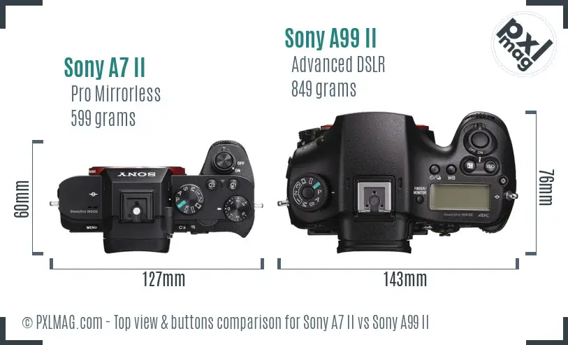 Sony A7 II vs Sony A99 II top view buttons comparison Sony A7 II vs Sony A99 II top view buttons comparison