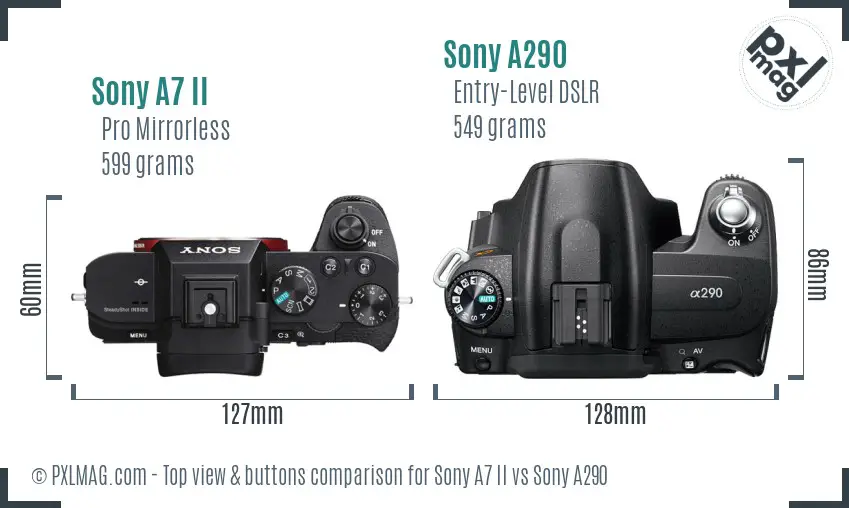 Sony A7 II vs Sony A290 top view buttons comparison Sony A7 II vs Sony A290 top view buttons comparison