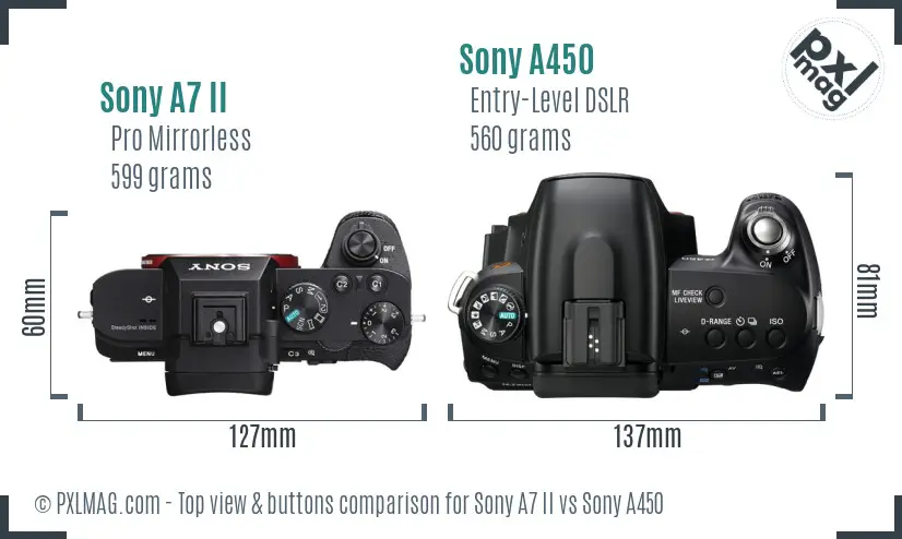 Sony A7 II vs Sony A450 top view buttons comparison Sony A7 II vs Sony A450 top view buttons comparison