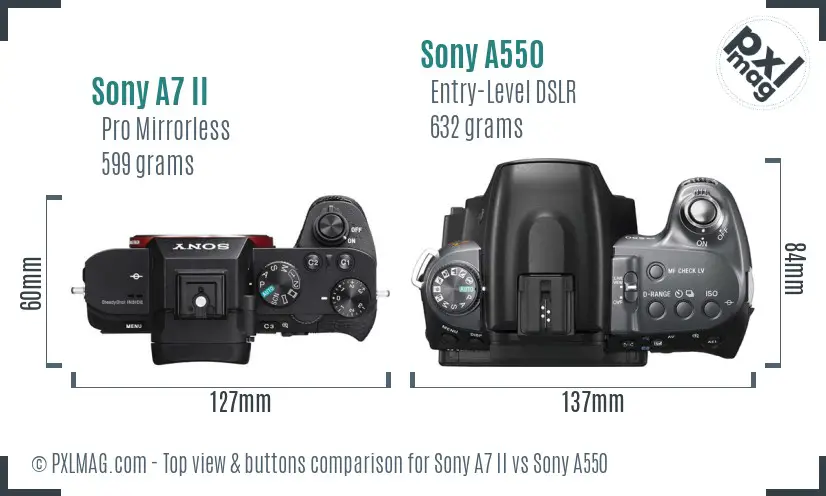 Sony A7 II vs Sony A550 top view buttons comparison