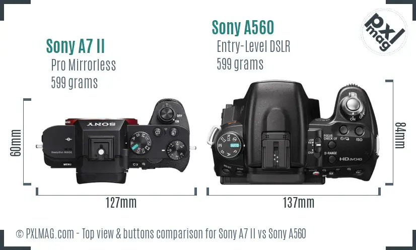 Sony A7 II vs Sony A560 top view buttons comparison