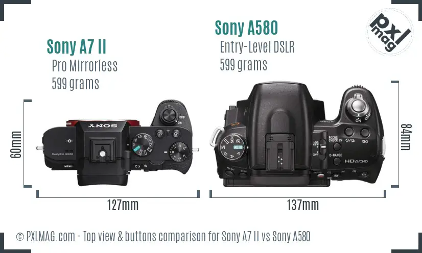 Sony A7 II vs Sony A580 top view buttons comparison