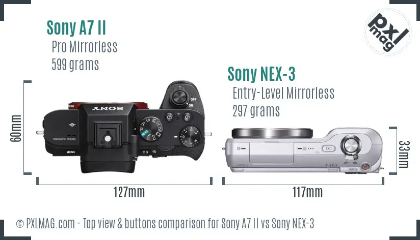 Sony A7 II vs Sony NEX-3 top view buttons comparison Sony A7 II vs Sony NEX-3 top view buttons comparison